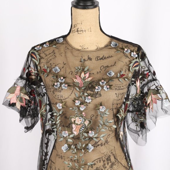 Zara Floral Embroidered Sheer Top Small - Picture 5 of 12